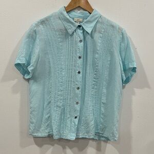 J.Jill Linen Blue Short Sleeve Pleated Button Down Blouse, Size MP